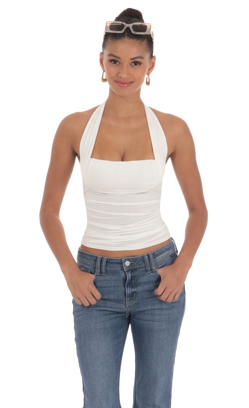 Picture Halter Ruched Top in White. Source: https://media-img.lucyinthesky.com/data/Mar24/850xAUTO/2f5128a1-5143-43cb-a2c6-93c305154989.jpg
