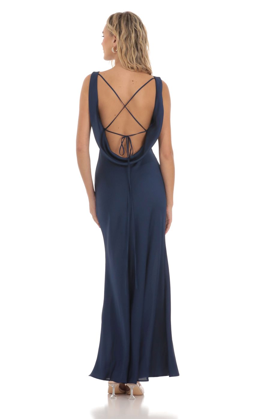 Picture Satin High Neck Open Back Maxi Dress in Navy. Source: https://media-img.lucyinthesky.com/data/Mar24/850xAUTO/35e5c5cd-0d5c-449a-9437-5e40005733fc.jpg