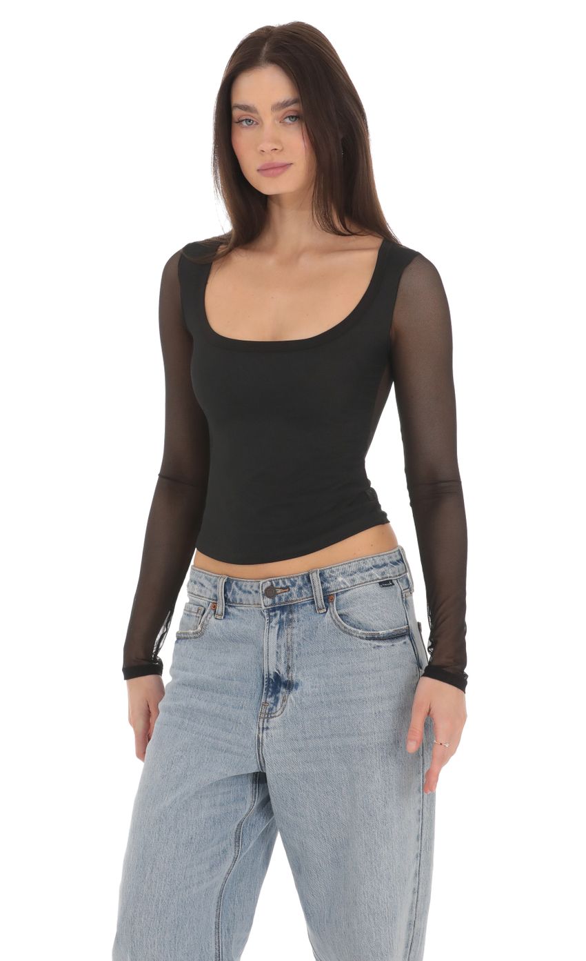 Picture Mesh Scoop Long Sleeve Top in Black. Source: https://media-img.lucyinthesky.com/data/Mar24/850xAUTO/39c62a7e-3b54-40e5-96af-f67d1d9e05b0.jpg