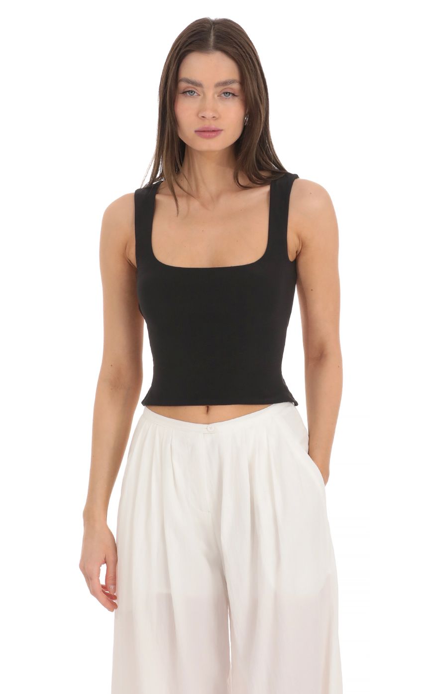 Picture Scoop Neck Open Back Top in Black. Source: https://media-img.lucyinthesky.com/data/Mar24/850xAUTO/3aa3e8fb-5827-4c6b-873b-adfdd5ed5987.jpg