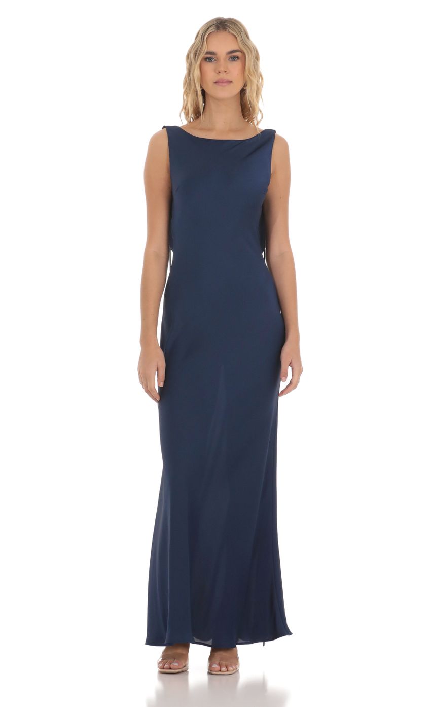 Picture Satin High Neck Open Back Maxi Dress in Navy. Source: https://media-img.lucyinthesky.com/data/Mar24/850xAUTO/3b5e644a-94e5-4024-a2b7-7f5a5879972d.jpg
