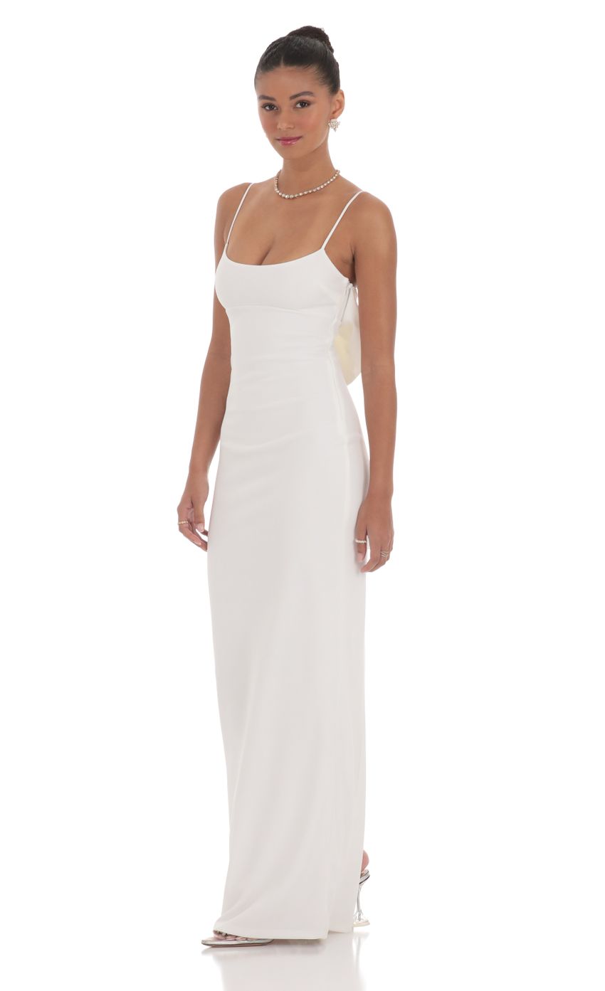 Picture Back Bow Maxi Dress in White. Source: https://media-img.lucyinthesky.com/data/Mar24/850xAUTO/3f065d44-3c2b-4d64-94f6-6b35fea06009.jpg