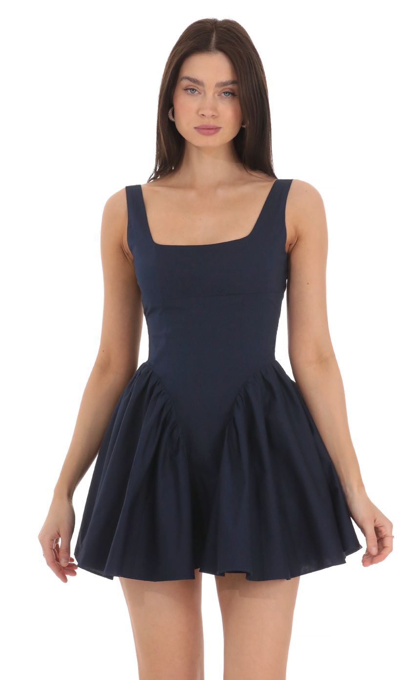 Picture Open Back Flare Dress in Navy. Source: https://media-img.lucyinthesky.com/data/Mar24/850xAUTO/4047a7c1-e6df-481e-9ad2-21a42b4ab32d.jpg