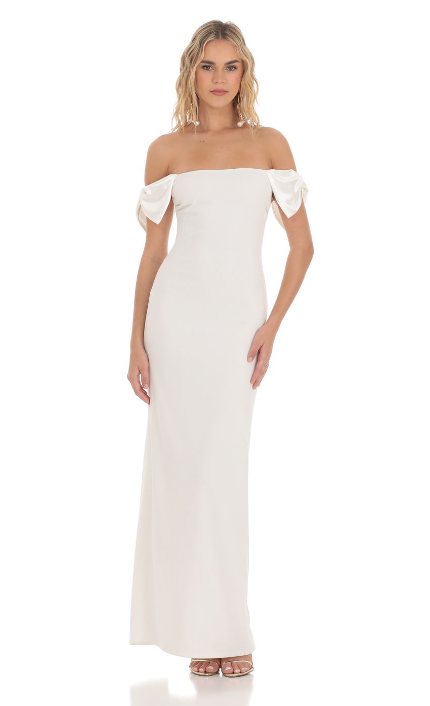 Picture Off Shoulder Bow Sleeve Maxi Dress in White. Source: https://media-img.lucyinthesky.com/data/Mar24/850xAUTO/40ddd4d3-b236-48ec-b367-9aec29b78dbb.jpg