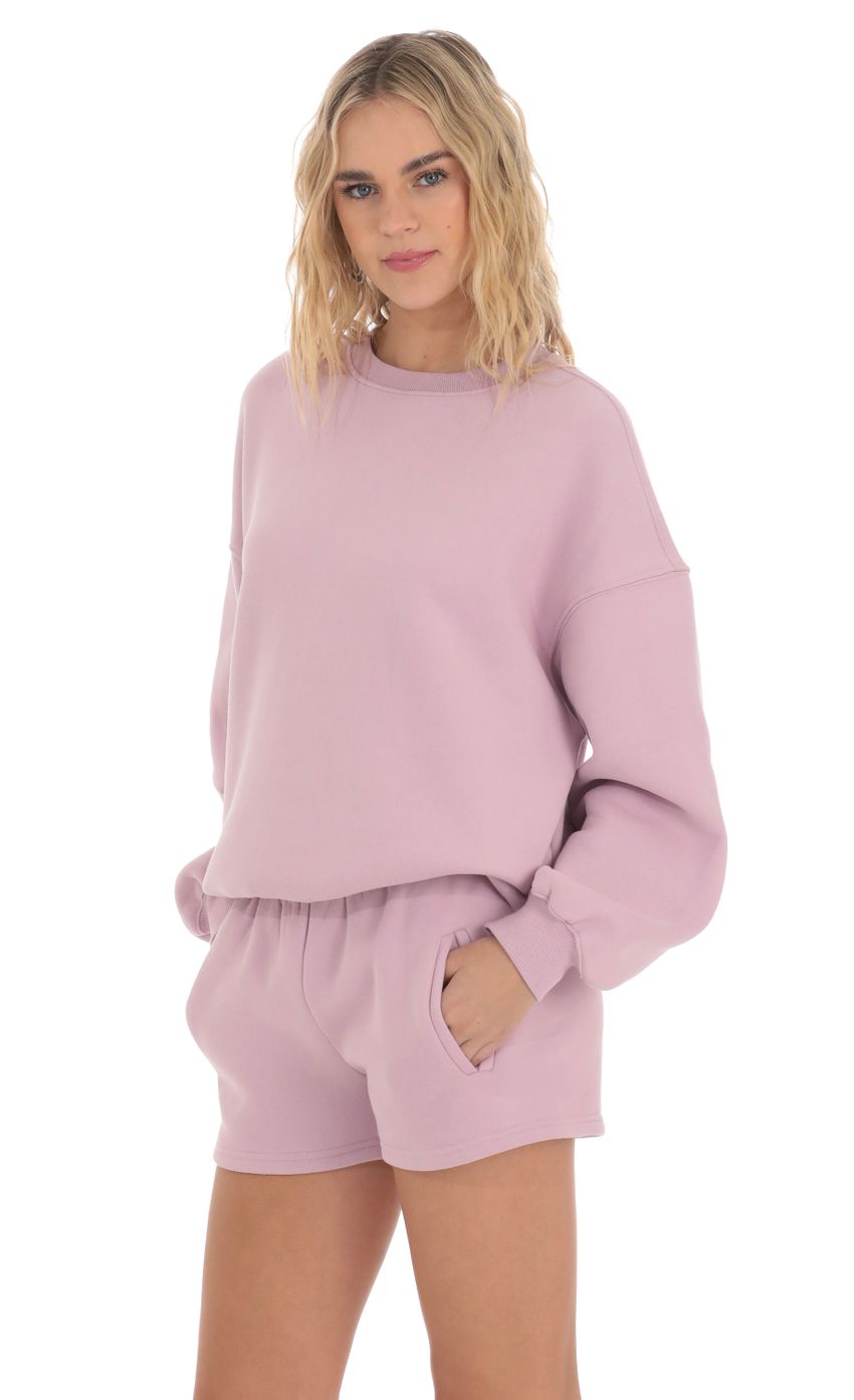 Picture Fleece Sweat Shorts in Light Lavender. Source: https://media-img.lucyinthesky.com/data/Mar24/850xAUTO/440b8903-4a94-4116-acd6-b9bcf0492dd6.jpg