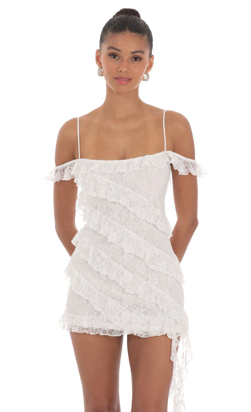 Picture Lace Off Shoulder Ruffle Dress in White. Source: https://media-img.lucyinthesky.com/data/Mar24/850xAUTO/4864fd43-7a73-4f77-99d9-1f0d0a849859.jpg