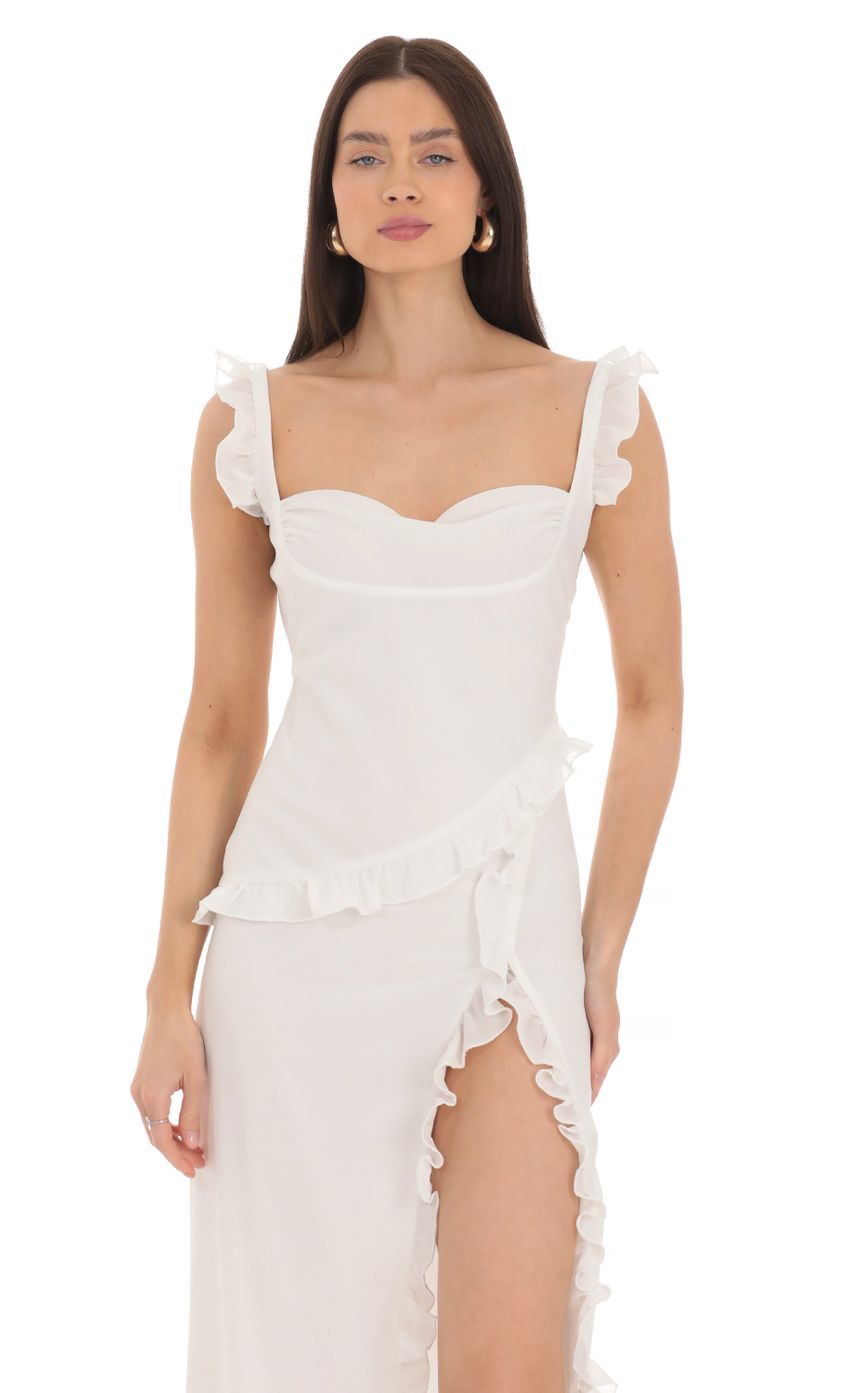 Picture Chiffon Ruffle Dress in White. Source: https://media-img.lucyinthesky.com/data/Mar24/850xAUTO/4ec93aff-ab25-4f94-acac-d46935a8d928.jpg
