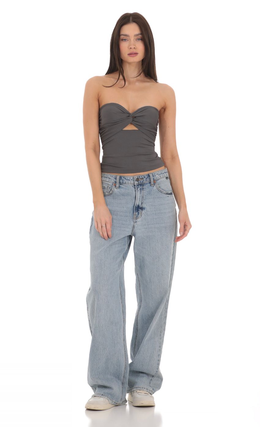 Picture Front Twist Strapless Top in Grey. Source: https://media-img.lucyinthesky.com/data/Mar24/850xAUTO/5478b8bb-6a8a-46cc-9897-7ee51a481fa8.jpg