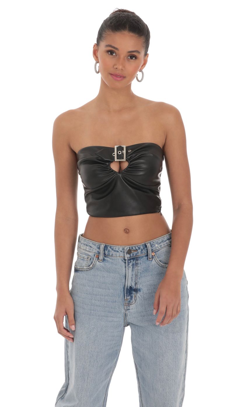 Picture Faux Leather Buckle Top in Black. Source: https://media-img.lucyinthesky.com/data/Mar24/850xAUTO/571b3897-c791-46f2-b1d0-1828340444a7.jpg