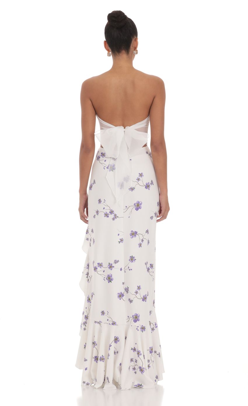 Picture Floral Strapless Back Bow Corset Maxi Dress in White. Source: https://media-img.lucyinthesky.com/data/Mar24/850xAUTO/57f69488-fba9-4d0d-b8e0-12392782e0dc.jpg