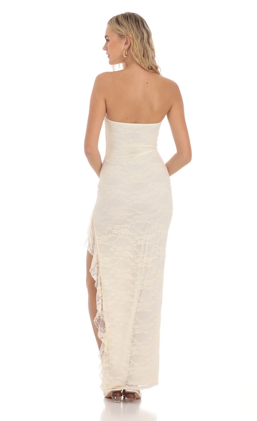 Picture Strapless Lace Ruffle Slit Dress in Cream. Source: https://media-img.lucyinthesky.com/data/Mar24/850xAUTO/5cdf3b0b-9ed8-4d65-8e8d-d4b8caa359c2.jpg