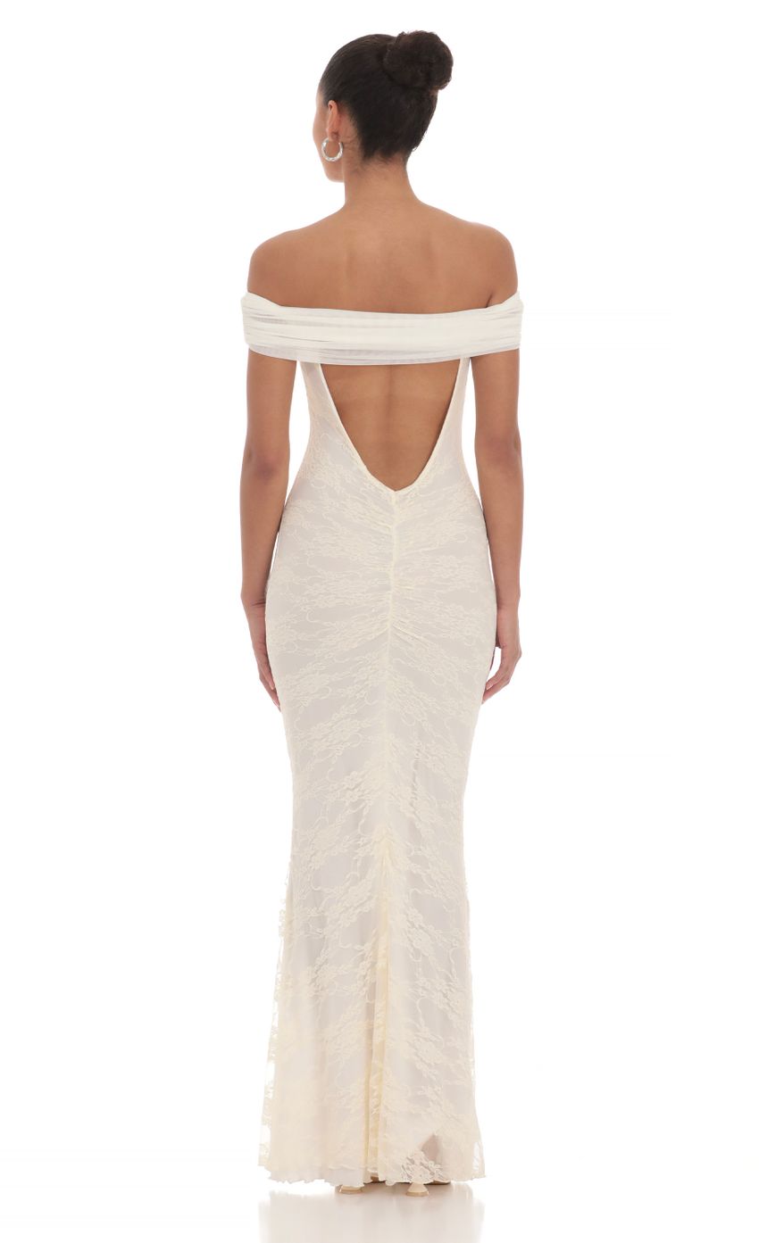 Picture Off Shoulder Sheer Lace Maxi Dress in Cream. Source: https://media-img.lucyinthesky.com/data/Mar24/850xAUTO/60570209-b593-42ac-ba0c-27b5c6f7d6d1.jpg