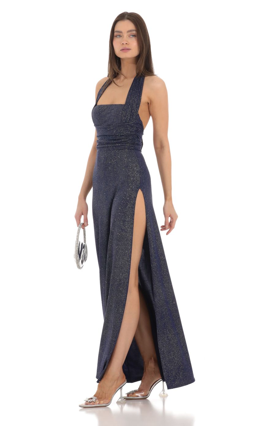 Picture Shimmer Halter Maxi Dress in Navy. Source: https://media-img.lucyinthesky.com/data/Mar24/850xAUTO/60fc59fe-be14-4bb2-86eb-c92c173b37d3.jpg