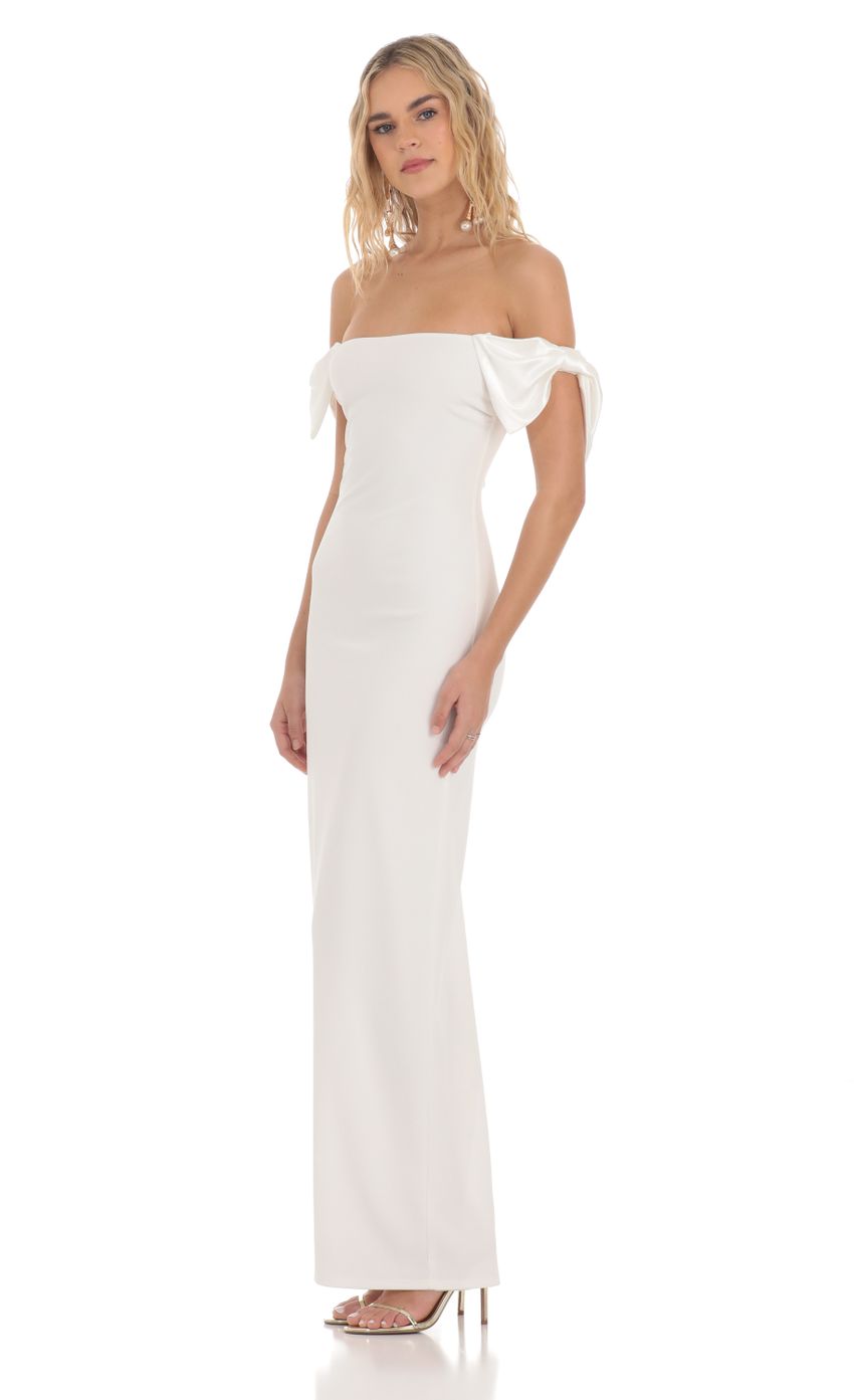Picture Off Shoulder Bow Sleeve Maxi Dress in White. Source: https://media-img.lucyinthesky.com/data/Mar24/850xAUTO/65f135c2-ddcf-4a2e-be3f-6ac86cf3aa0d.jpg