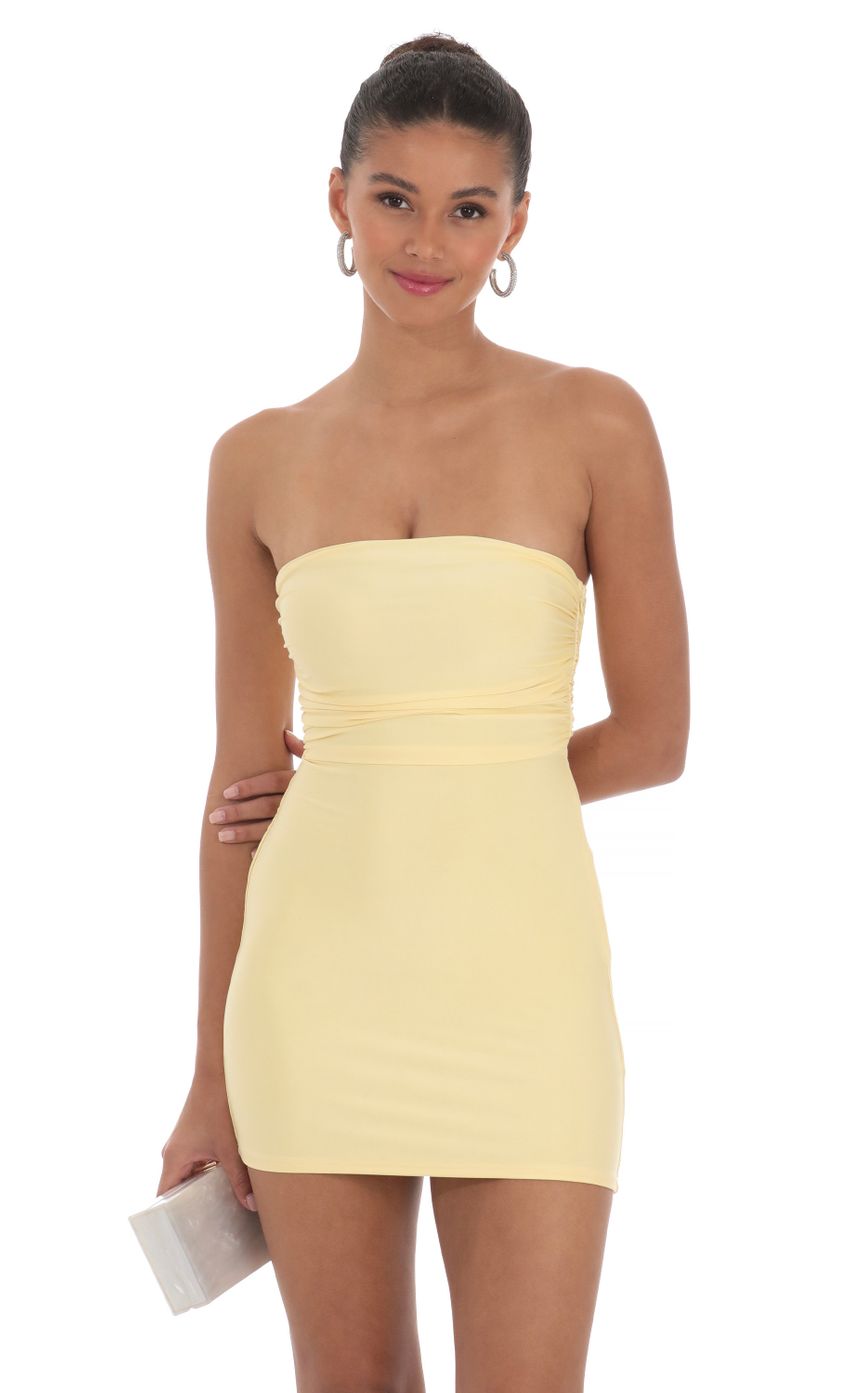 Picture Strapless Sequin Butterfly Bodycon Dress in Yellow. Source: https://media-img.lucyinthesky.com/data/Mar24/850xAUTO/6bde19c8-0e71-4324-829b-c78ced936d76.jpg