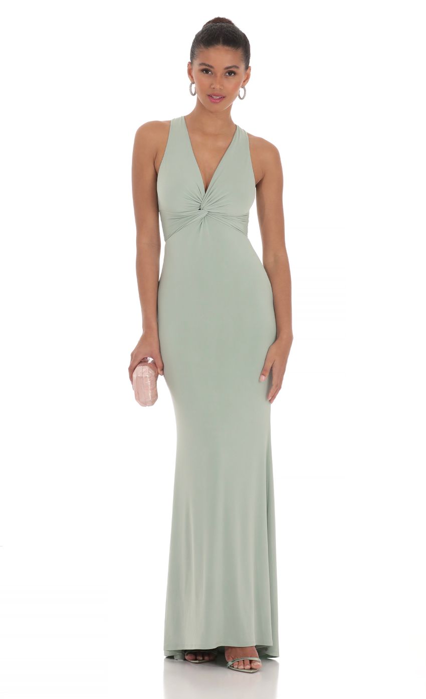 Picture Front Twist V-Neck Maxi Dress in Sage. Source: https://media-img.lucyinthesky.com/data/Mar24/850xAUTO/6d0ce171-6145-4a13-aa61-505f92ffb95b.jpg