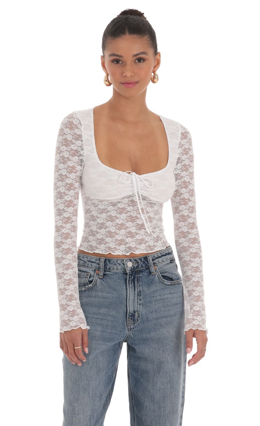 Picture Long Sleeve Lace Top in White. Source: https://media-img.lucyinthesky.com/data/Mar24/850xAUTO/6d8288f9-d3fa-42f8-ba6c-ebc0cc2a85b0.jpg