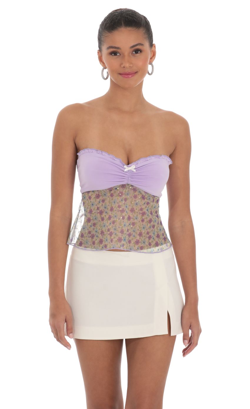 Picture Floral Strapless Top in Lavender. Source: https://media-img.lucyinthesky.com/data/Mar24/850xAUTO/6fdc6dd3-f4f3-4b8f-9f76-4b0c5c03336b.jpg
