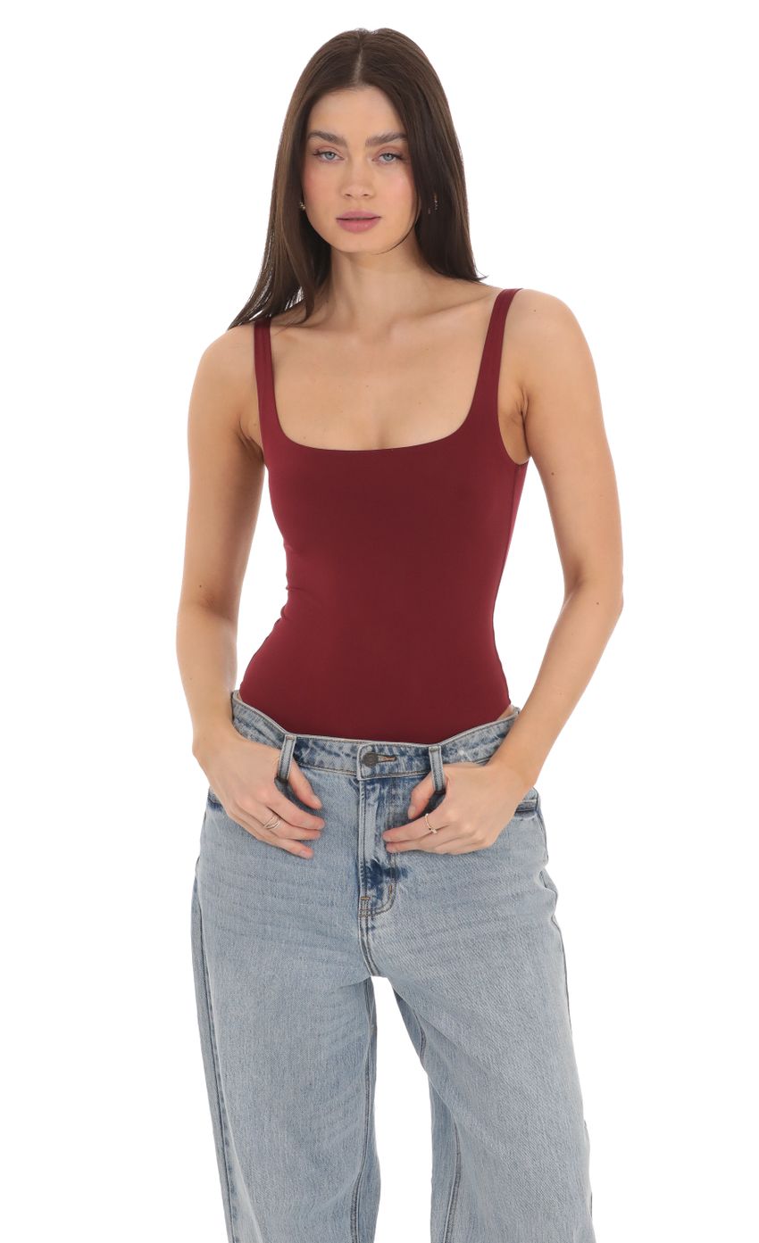 Picture Basic Tank Bodysuit in Maroon. Source: https://media-img.lucyinthesky.com/data/Mar24/850xAUTO/713846c8-7749-4cee-9ccb-aa3340fb5787.jpg
