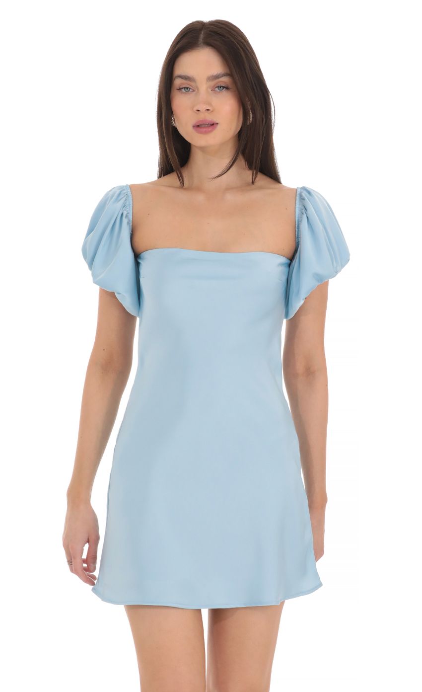 Picture Puff Sleeve Satin Dress in Blue. Source: https://media-img.lucyinthesky.com/data/Mar24/850xAUTO/7c6d59dc-6265-41dc-b309-ddf6df896d7b.jpg