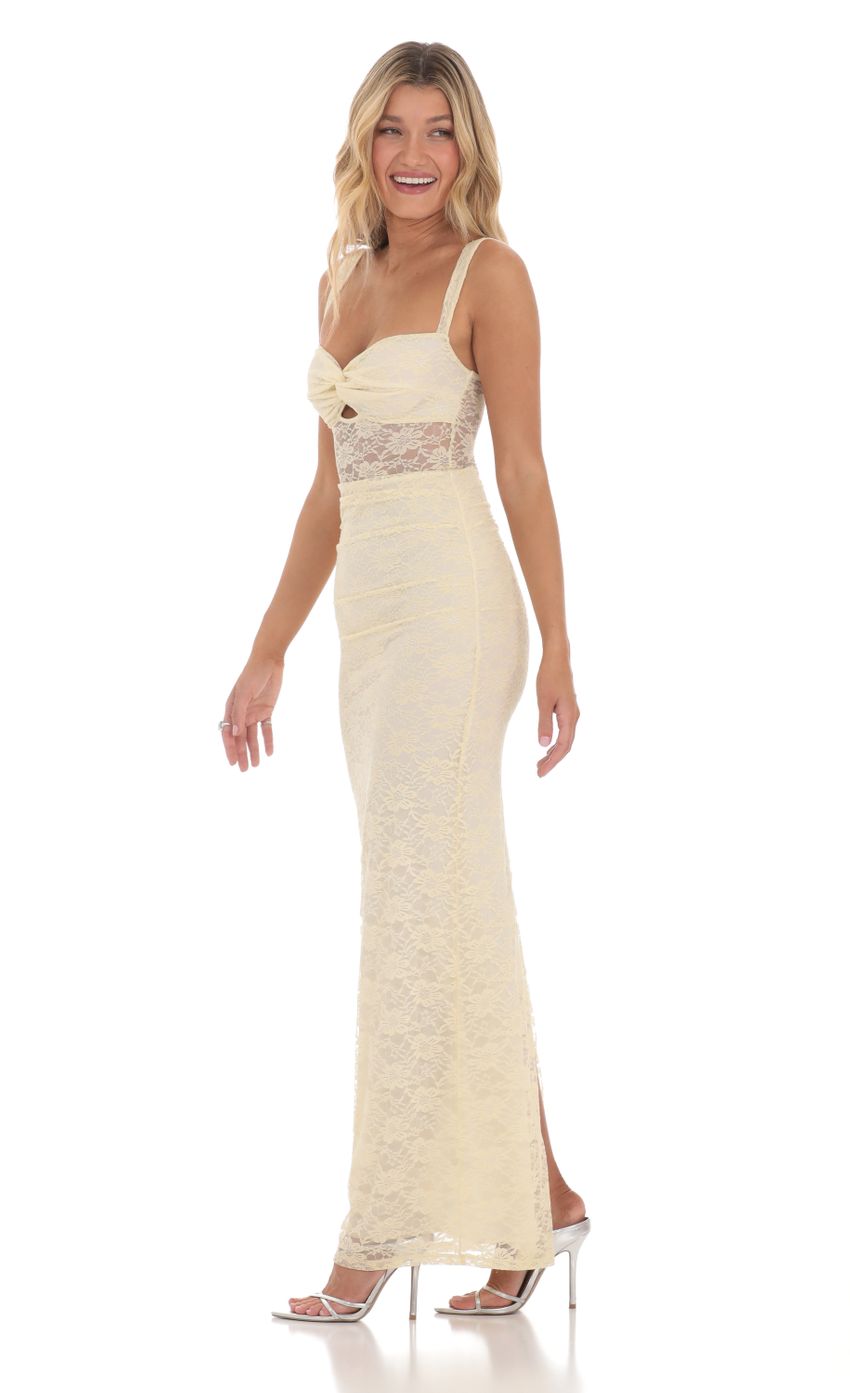 Picture Lace Twist Ruched Maxi Dress in Yellow. Source: https://media-img.lucyinthesky.com/data/Mar24/850xAUTO/7f662b19-e1ef-40bf-9ff1-755e2e2996cb.jpg