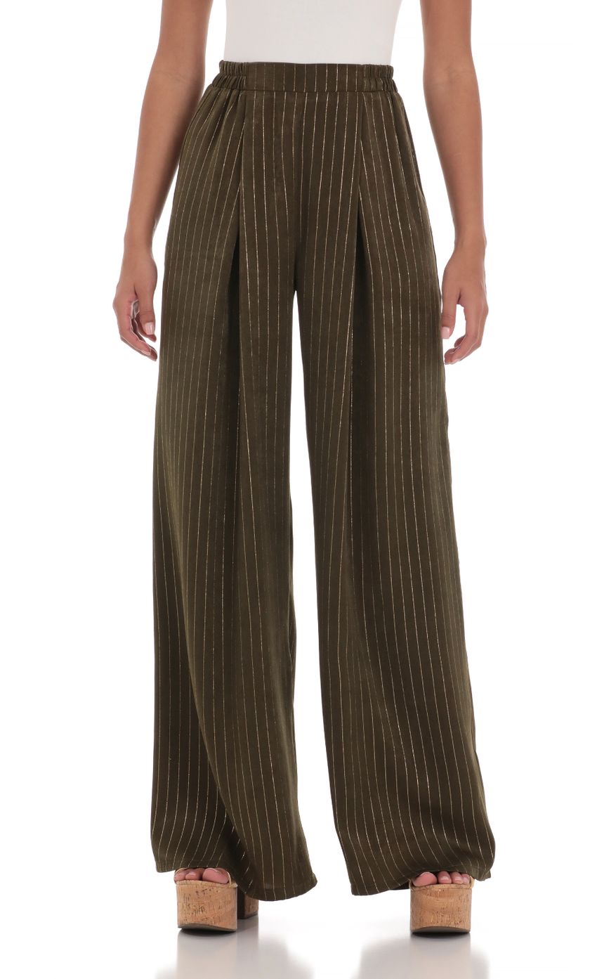 Picture Wide Shimmer Striped Pants in Dark Olive. Source: https://media-img.lucyinthesky.com/data/Mar24/850xAUTO/829537c0-4f57-4544-a025-f29000083c26.jpg