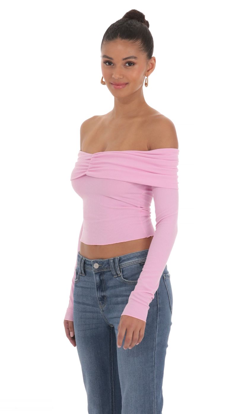 Picture Ribbed Off Shoulder Top in Pink. Source: https://media-img.lucyinthesky.com/data/Mar24/850xAUTO/837f0b5e-0647-4abe-9679-d70061f5bd4c.jpg