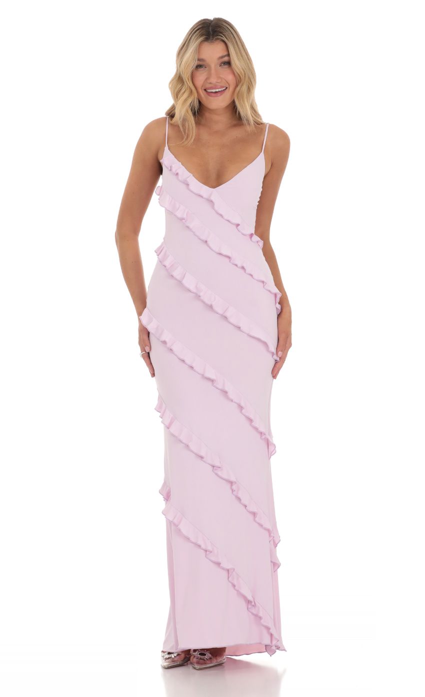 Picture Ruffle Maxi Dress in Lilac. Source: https://media-img.lucyinthesky.com/data/Mar24/850xAUTO/847849ae-a42b-444c-b91b-3c4eefa5962b.jpg