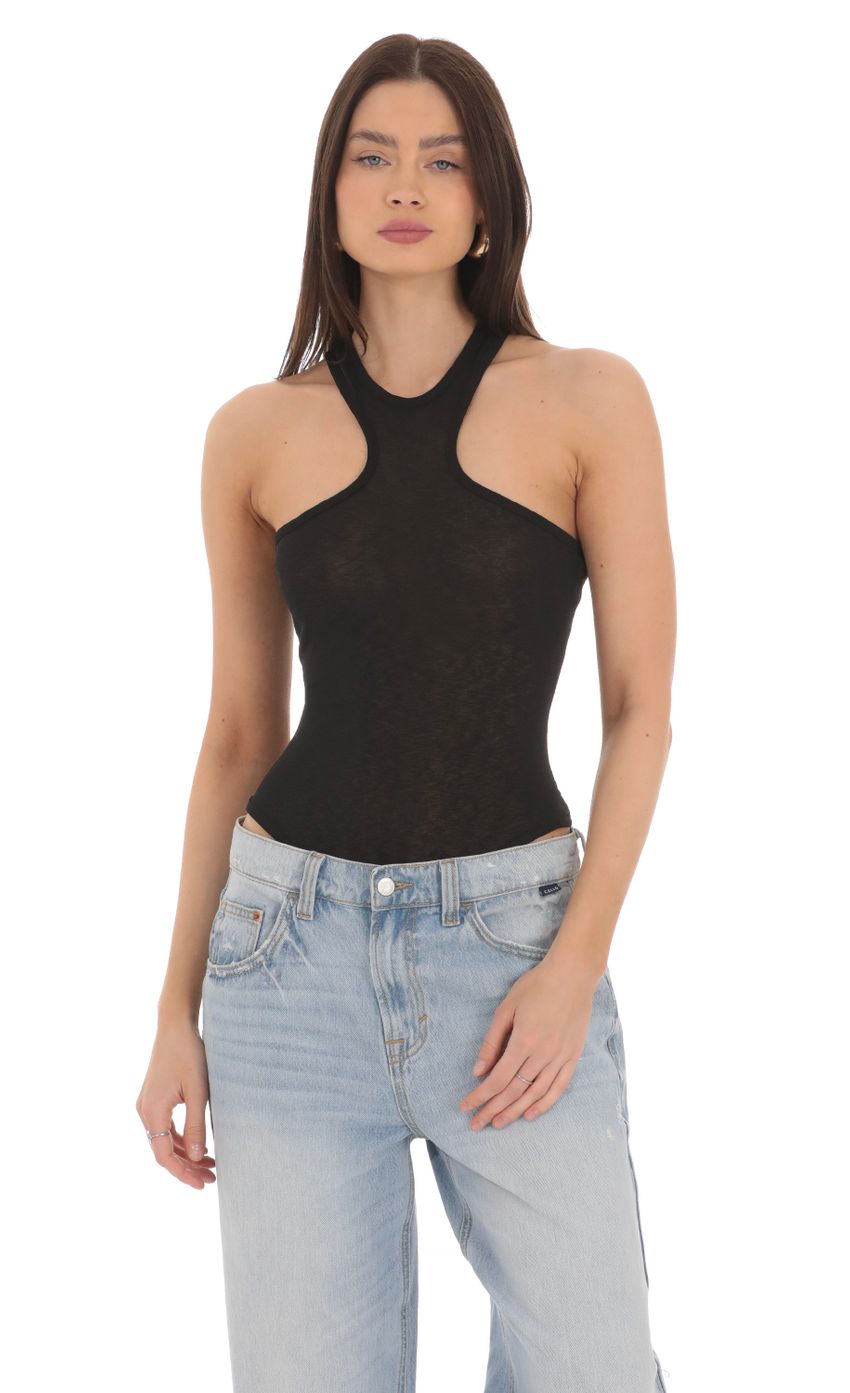 Picture Heathered Sheer Bodysuit in Black. Source: https://media-img.lucyinthesky.com/data/Mar24/850xAUTO/87c5f9a8-2b12-47ac-aae0-16752837c77d.jpg