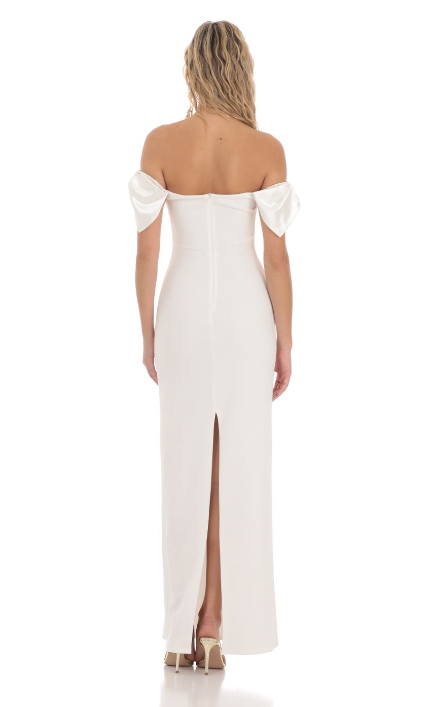 Picture Off Shoulder Bow Sleeve Maxi Dress in White. Source: https://media-img.lucyinthesky.com/data/Mar24/850xAUTO/88017728-ac92-4767-8946-bbf86a6c3405.jpg