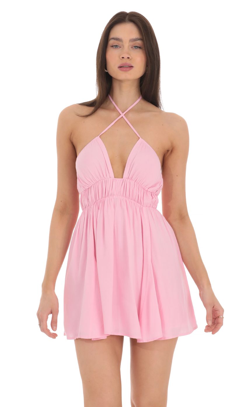 Picture Cross Neck Halter Dress in Pink. Source: https://media-img.lucyinthesky.com/data/Mar24/850xAUTO/89e6cd97-1dc5-45c6-b753-f75fe8fcc169.jpg