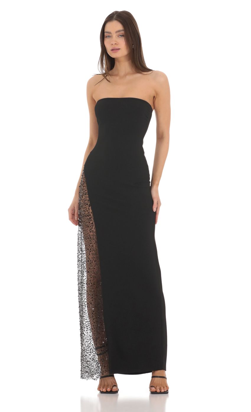 Picture Strapless Mesh Sequin Slit in Black. Source: https://media-img.lucyinthesky.com/data/Mar24/850xAUTO/89eea4f7-3c2a-40c4-8045-2a7be059ca77.jpg