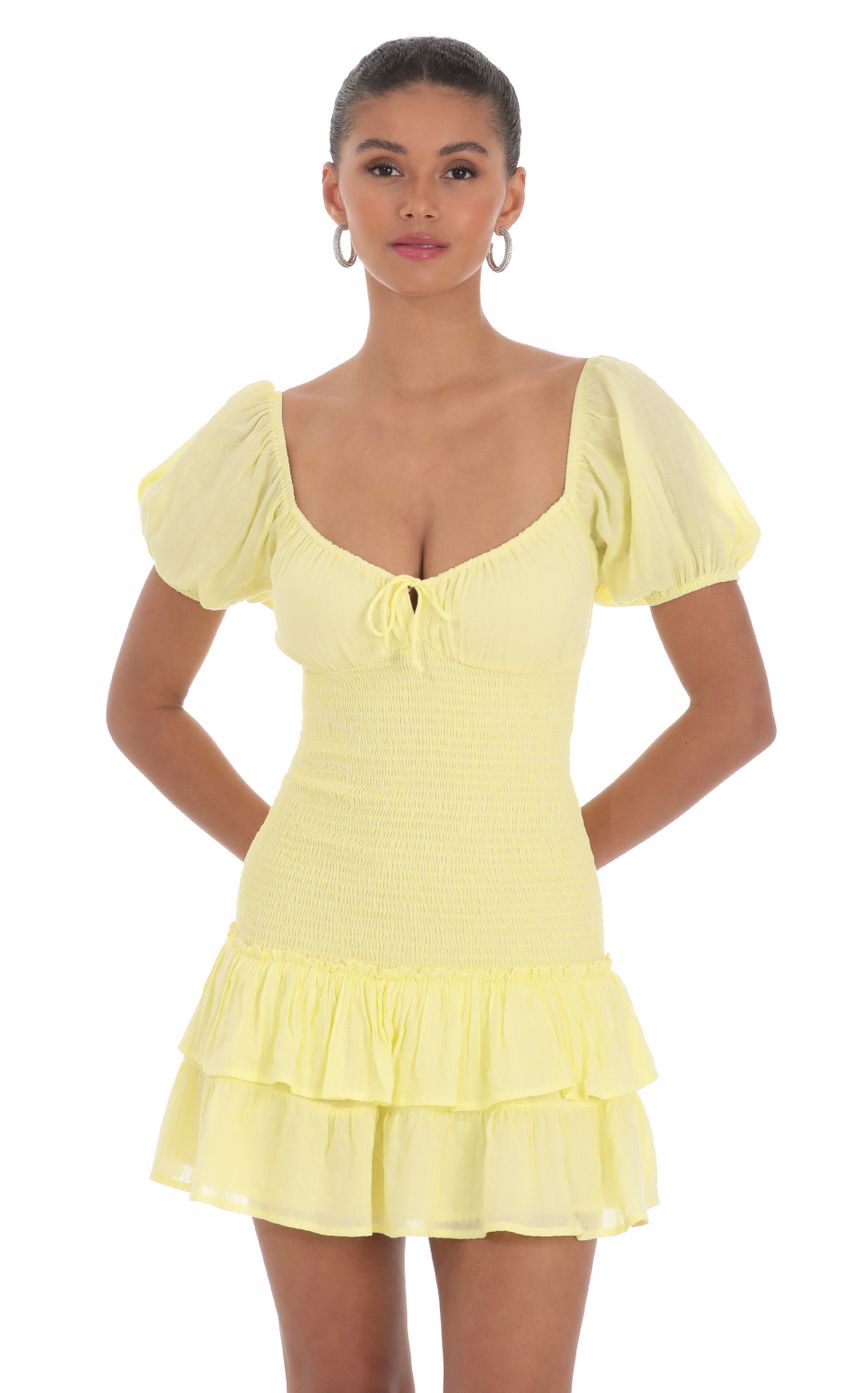 Picture Smocked Puff Sleeve Dress in Yellow. Source: https://media-img.lucyinthesky.com/data/Mar24/850xAUTO/8a075b10-aa73-4564-b7df-c35f6a37ee35.jpg