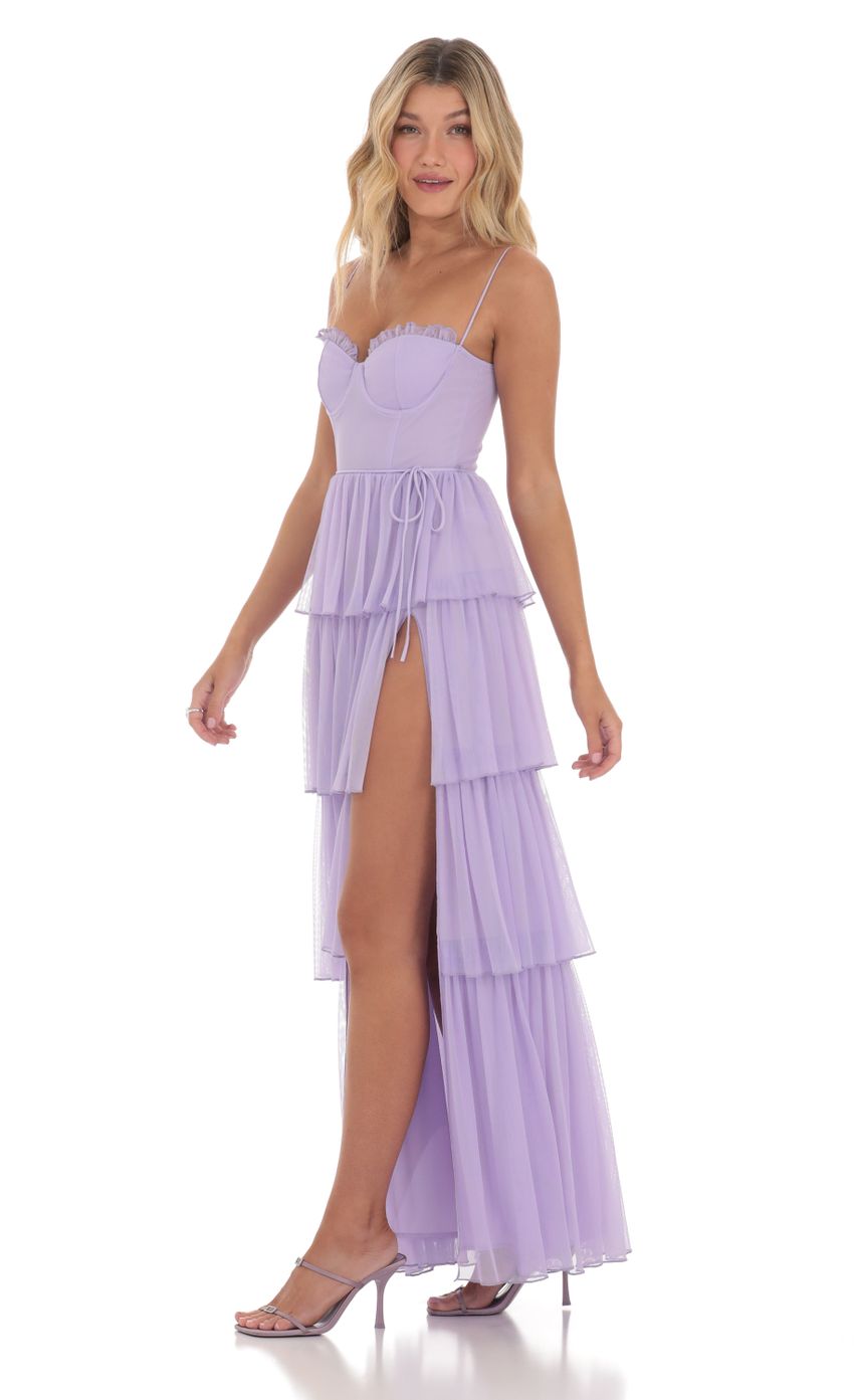 Picture Mesh Ruffle Maxi Dress in Lavender. Source: https://media-img.lucyinthesky.com/data/Mar24/850xAUTO/8f867735-372c-45a0-9a09-2f9ac66f2465.jpg