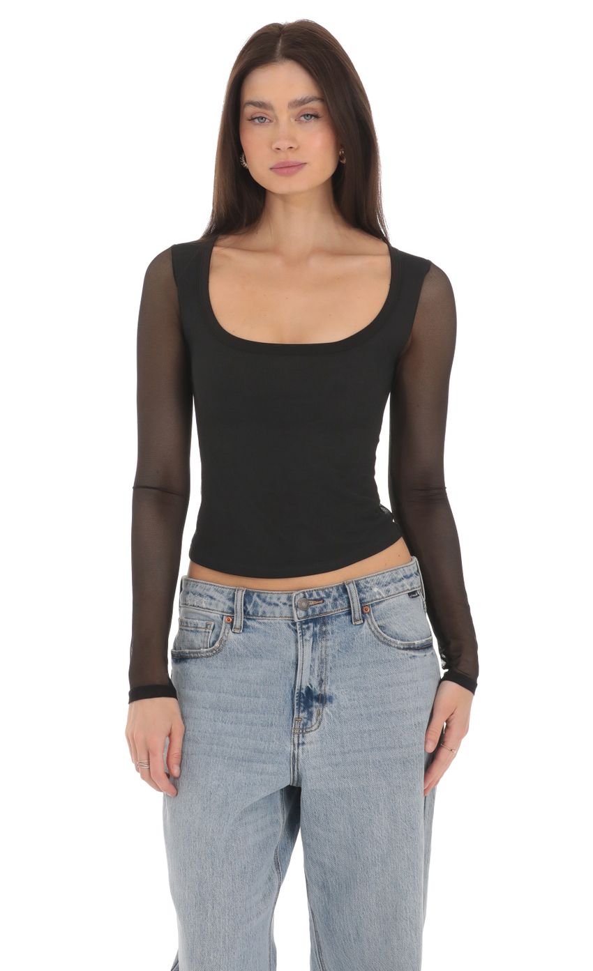 Picture Mesh Scoop Long Sleeve Top in Black. Source: https://media-img.lucyinthesky.com/data/Mar24/850xAUTO/93d6f3be-afee-445b-b3f6-383e65b4ebbf.jpg