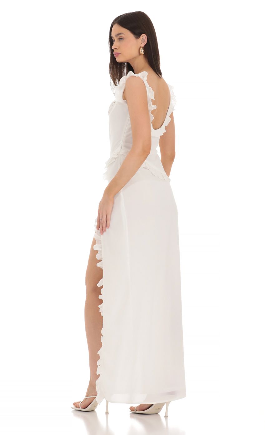 Picture Chiffon Ruffle Dress in White. Source: https://media-img.lucyinthesky.com/data/Mar24/850xAUTO/96dae1b9-3731-4bcc-9db7-63ae9c77a4c8.jpg