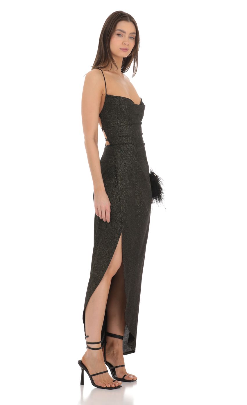 Picture Shimmer Asymmetrical Maxi Dress in Black. Source: https://media-img.lucyinthesky.com/data/Mar24/850xAUTO/a06266b5-83d1-4e46-842f-759e2c1ea948.jpg