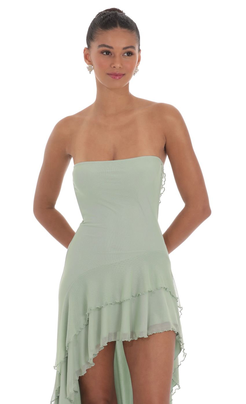 Picture Strapless Mesh High Low Dress in Sage. Source: https://media-img.lucyinthesky.com/data/Mar24/850xAUTO/a5d52e97-e77f-4e69-8f01-4930a00cfe3d.jpg