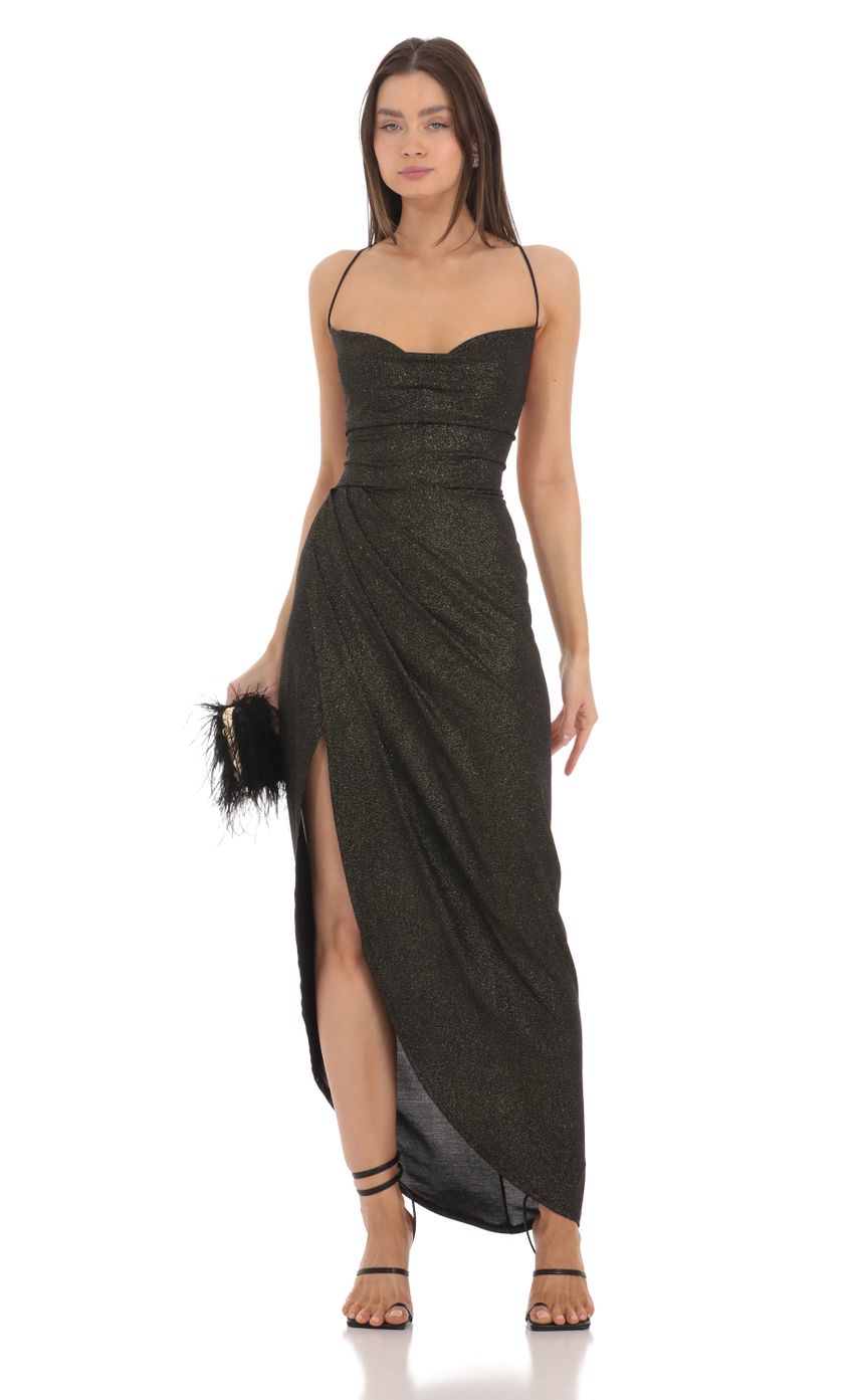 Picture Shimmer Asymmetrical Maxi Dress in Black. Source: https://media-img.lucyinthesky.com/data/Mar24/850xAUTO/ac342cee-c7ee-4115-af30-6ac25bd7ea54.jpg