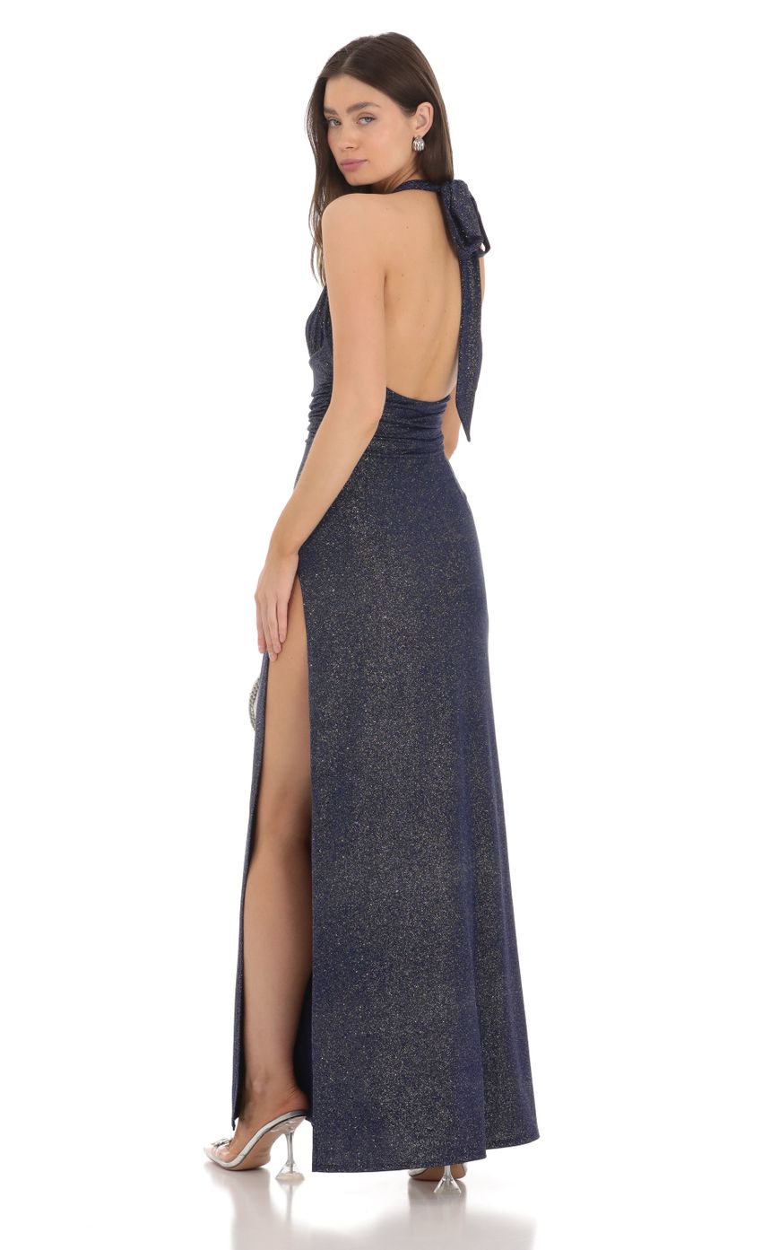 Picture Shimmer Halter Maxi Dress in Navy. Source: https://media-img.lucyinthesky.com/data/Mar24/850xAUTO/ace8cf45-dfca-4126-986b-d7da0a81fb50.jpg