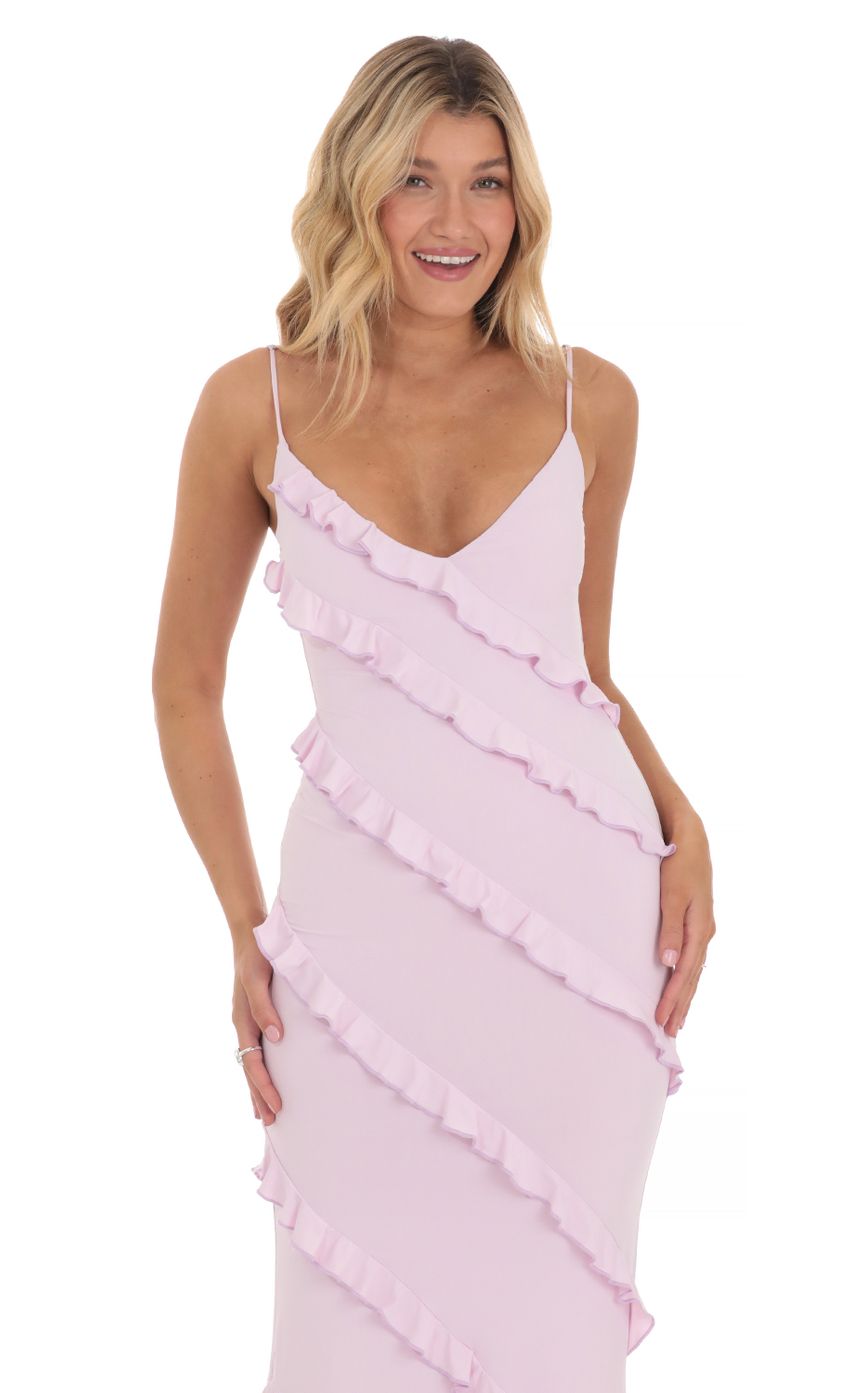 Picture Ruffle Maxi Dress in Lilac. Source: https://media-img.lucyinthesky.com/data/Mar24/850xAUTO/b0101803-e0a8-49e0-bdcd-6155edbac4df.jpg