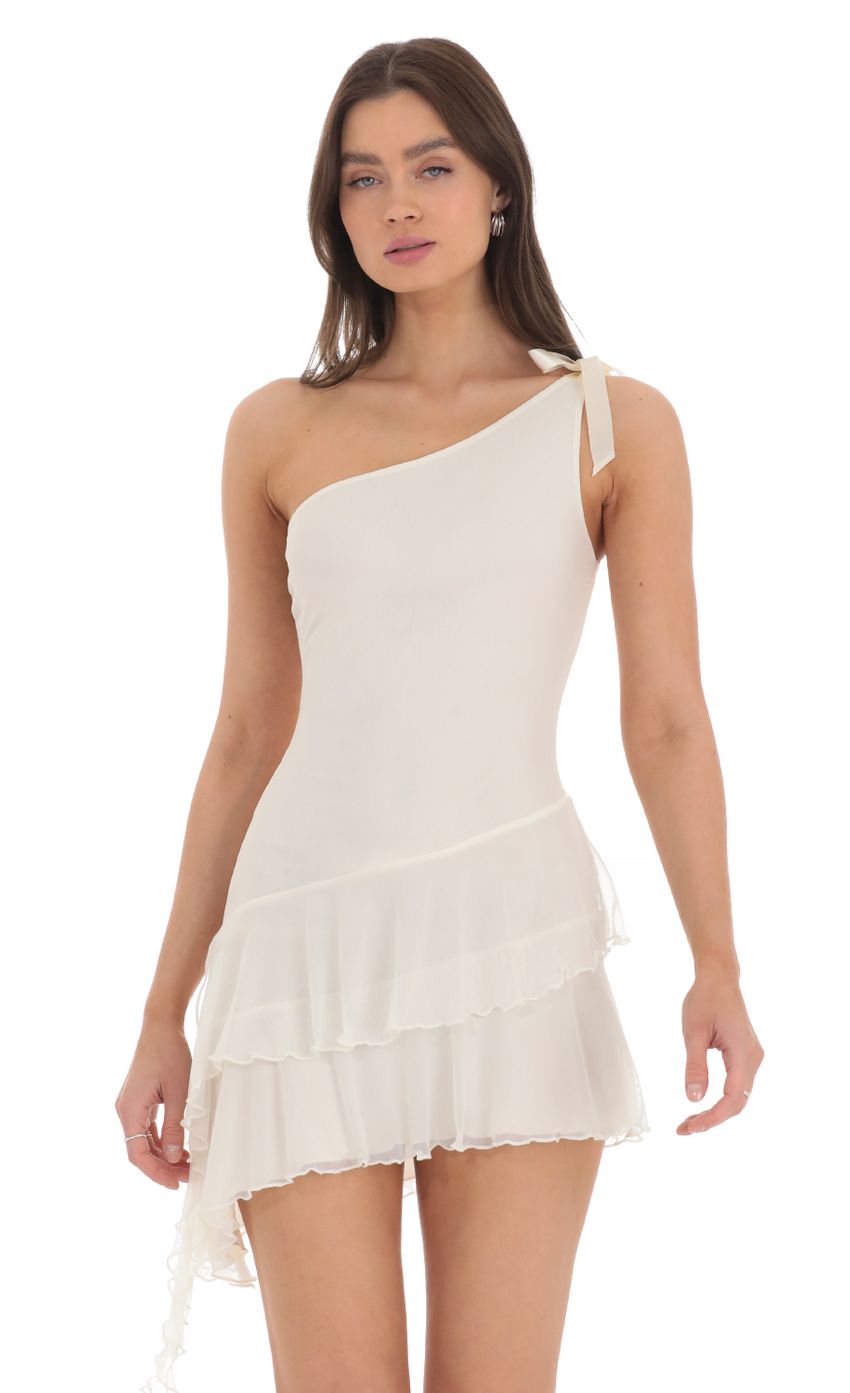 Picture One Shoulder Mesh Asymmetrical Dress in Ivory. Source: https://media-img.lucyinthesky.com/data/Mar24/850xAUTO/b8ce69b3-a791-45ad-86bc-c7f8f31ba570.jpg