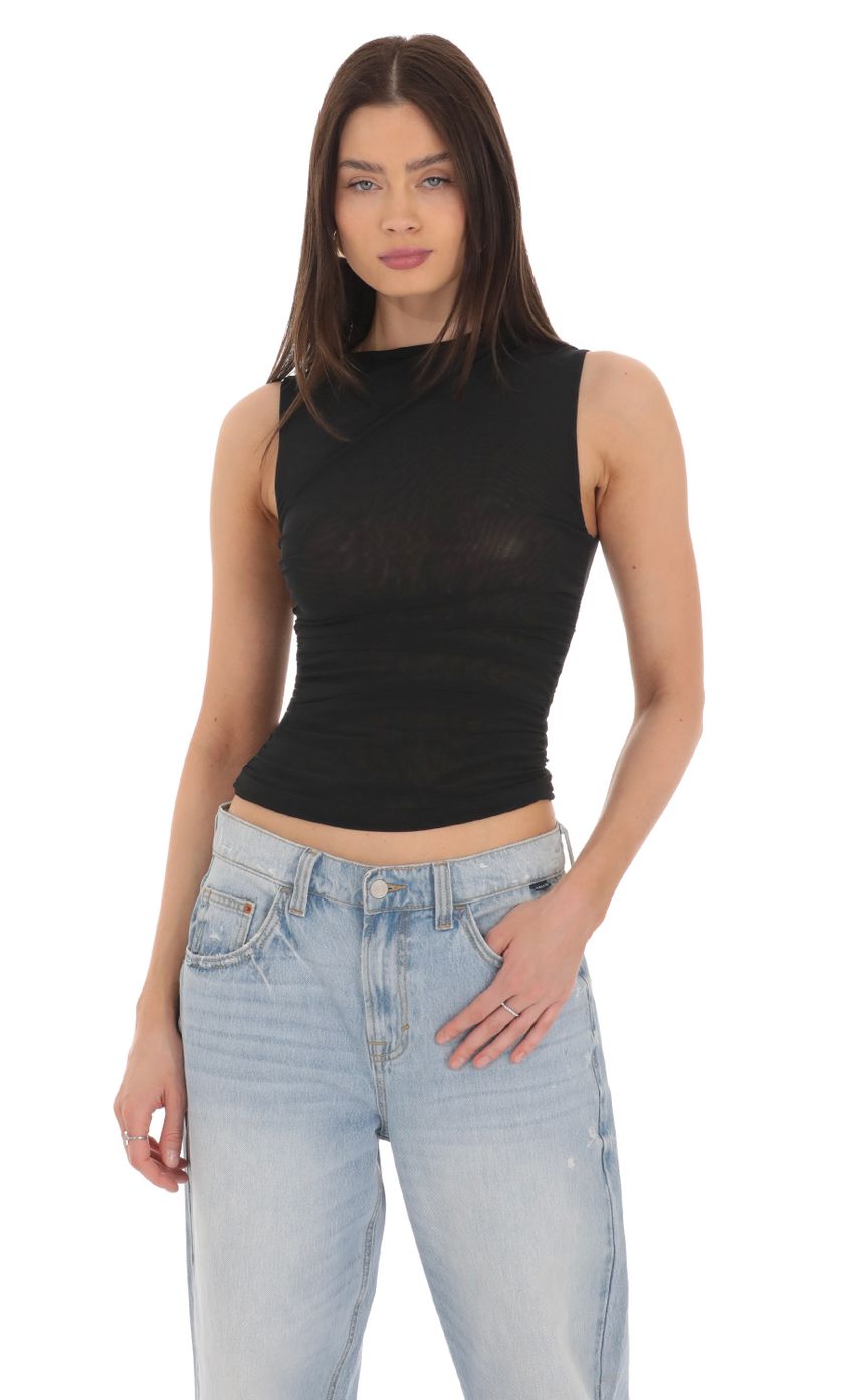 Picture Mesh Ruched Top in Black. Source: https://media-img.lucyinthesky.com/data/Mar24/850xAUTO/bc65104d-0414-4e07-a506-bddcf1df28c4.jpg