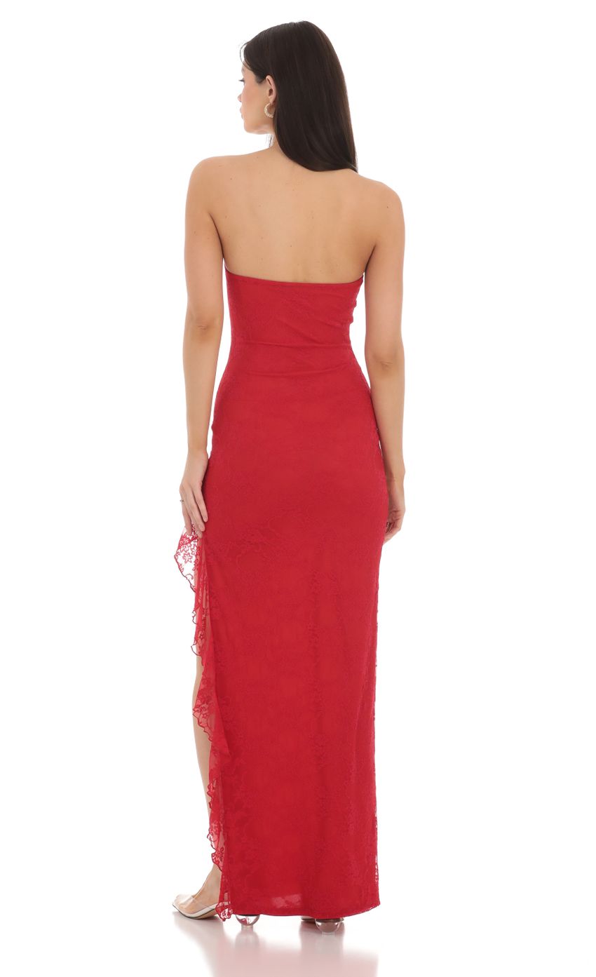 Picture Strapless Lace Ruffle Slit Dress in Red. Source: https://media-img.lucyinthesky.com/data/Mar24/850xAUTO/bd5e4303-7ef6-46cb-bc54-3eb7b44f918f.jpg