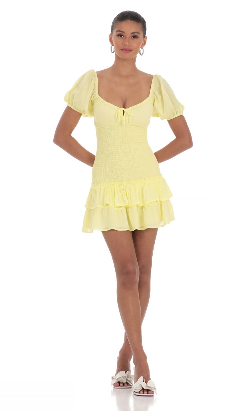 Picture Smocked Puff Sleeve Dress in Yellow. Source: https://media-img.lucyinthesky.com/data/Mar24/850xAUTO/bfe197b6-d925-4fc5-8d56-f8a5fd821d71.jpg