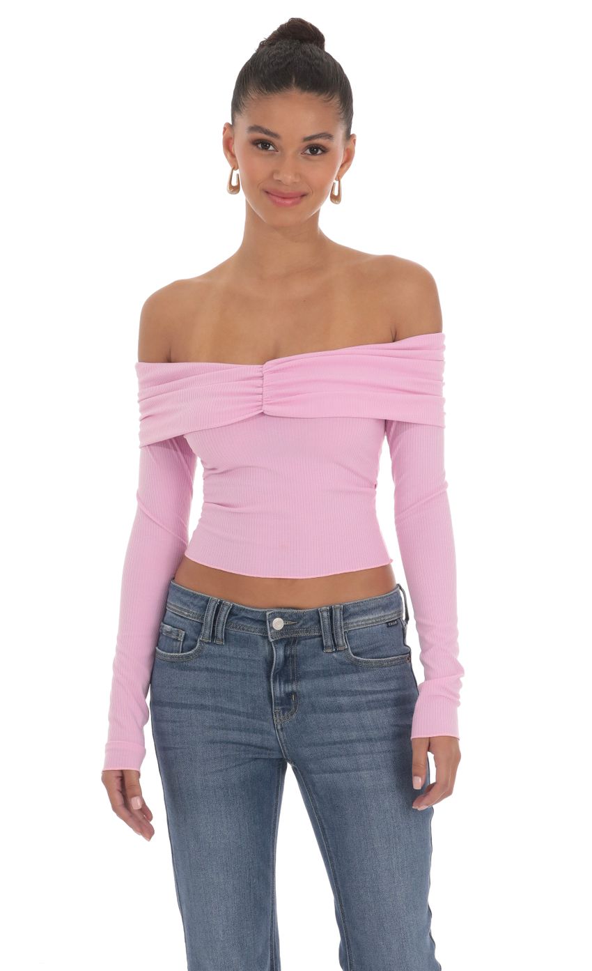 Picture Ribbed Off Shoulder Top in Pink. Source: https://media-img.lucyinthesky.com/data/Mar24/850xAUTO/c100b09f-0ff5-48d3-b02d-2dff47e5f969.jpg