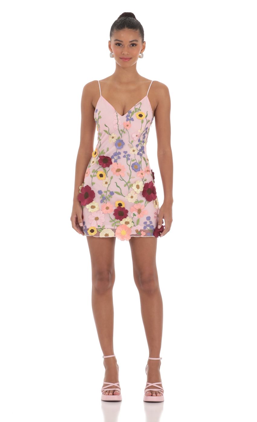 Picture 3-D Flower V-Neck Dress in Pink. Source: https://media-img.lucyinthesky.com/data/Mar24/850xAUTO/c20c970c-b045-4421-9fe3-907fd750a04f.jpg