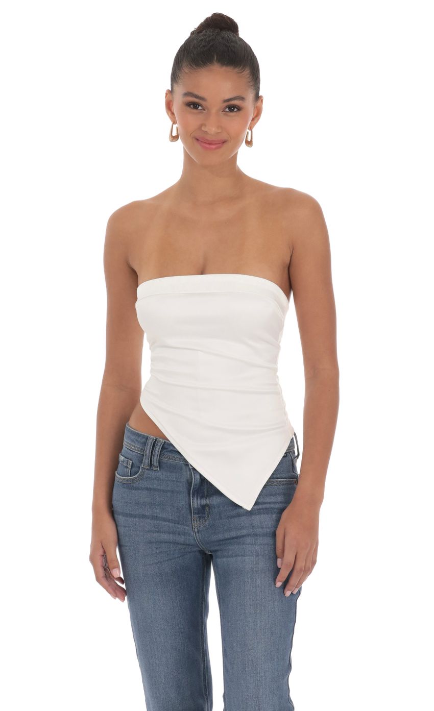 Picture Strapless Asymmetrical Top in White. Source: https://media-img.lucyinthesky.com/data/Mar24/850xAUTO/c643f2d0-742b-431d-b754-164c7351f942.jpg
