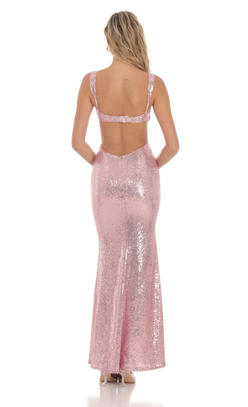 Picture Sequin Cutout Maxi Dress in Pink. Source: https://media-img.lucyinthesky.com/data/Mar24/850xAUTO/c9913593-ee1d-4e0b-a0b0-4d8bf0592f89.jpg