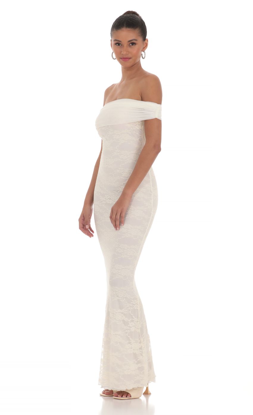 Picture Off Shoulder Sheer Lace Maxi Dress in Cream. Source: https://media-img.lucyinthesky.com/data/Mar24/850xAUTO/cdfee0ad-a175-41d1-9f23-a148a50b41a7.jpg